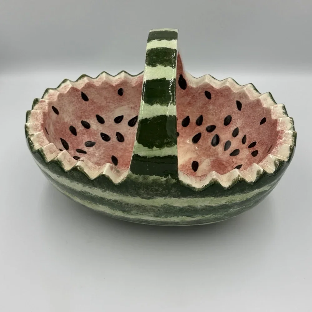 Watermelon Basket Ceramic Serving Bowl with Handle Fruit Bowl Vintage